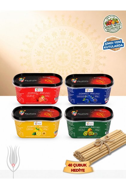 Ottoman Paste 4-Piece Mixed Fruit Set 4 X 300 g (Strawberry, Raspberry, Lemon, Kiwi) - with Real Fruit Content - 40 Sticks as a Gift