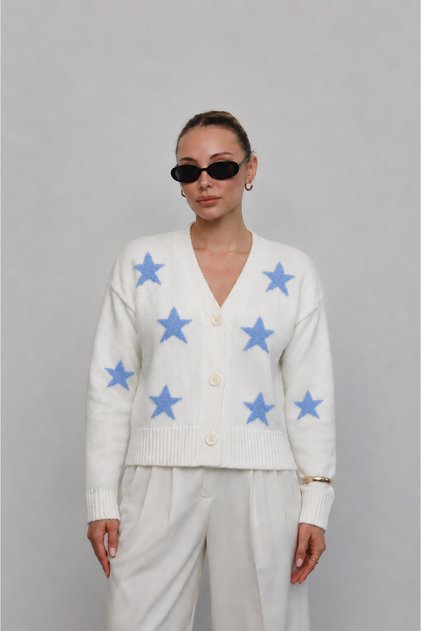 White Star Patterned V-Neck Knitwear Cardigan
