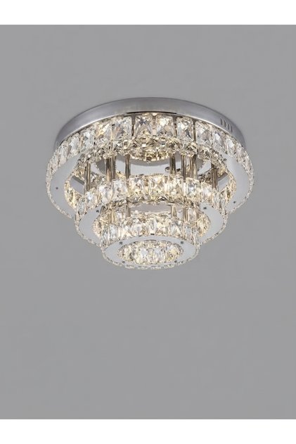 Ahu 3 Katlı Kristal Taşlı 3 Kademeli Modern Ledli Salon Avize krom