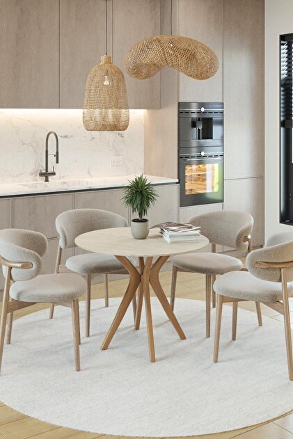 PLASMOB 80x80cm Yuvarlak Masa (Sadece Masa) Traverten-Ceviz Mutfak