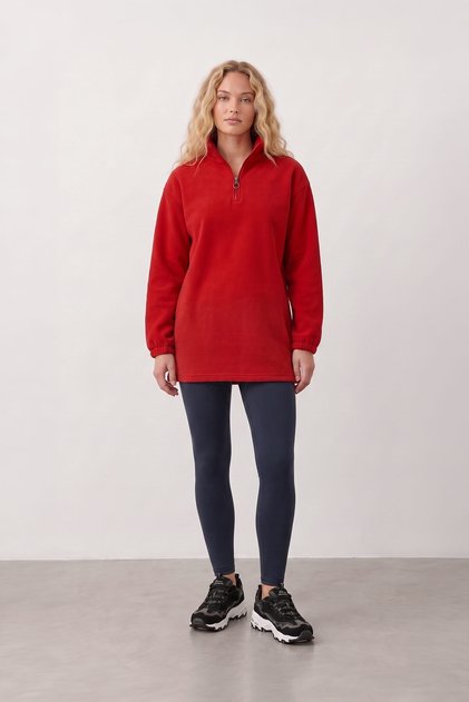 Women's Half Zipper Fleece Inside Red Sweat Dress Long Sleeve Half Turtleneck