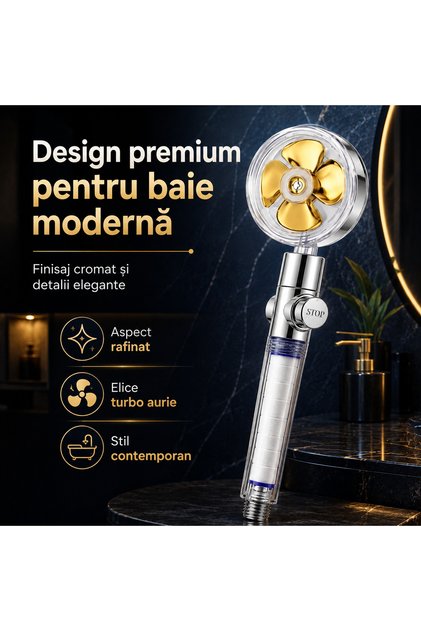 Cap de duș cu filtru și presiune ridicată, elice turbo, buton STOP, cartuș inclus, design cromat auriu