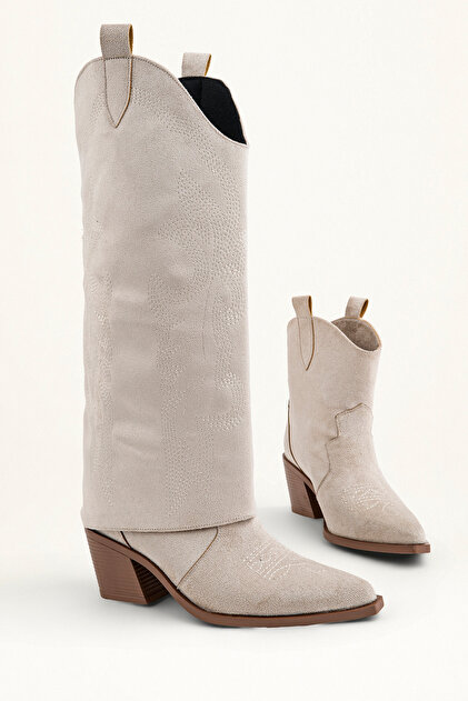 Westa Women's Beige Western Cowboy Heeled Suede Trousers Boots