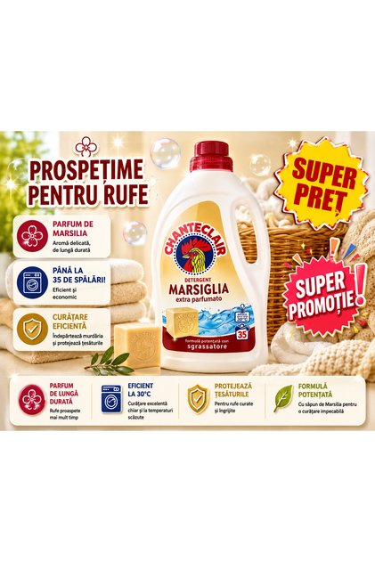 Chanteclair Detergent Lichid Rufe Marsilia 1,575 L (1,5 L), 35 Spălări, Detergent Automat Concentrat, Săpun de Marsilia, Îndepărtează Petele și Murdăria, Parfum Plăcut