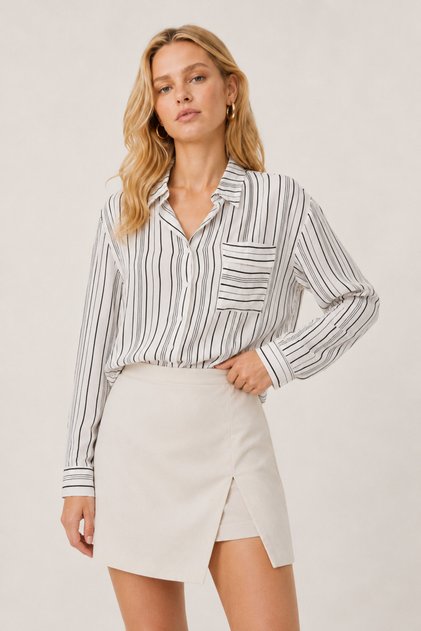 White Black Striped Viscose Women's Shirt with Pockets Loose Cut Long Sleeve Patterned Shirt