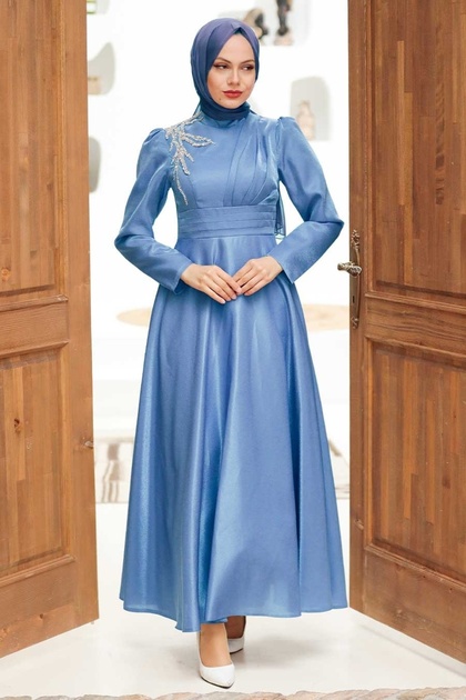 Satin Indigo Blue Hijab Evening Dress 22301Im