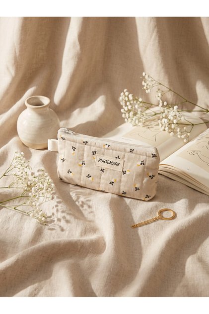 Cream Yellow Floral Pattern Zippered Pen Holder Glasses Case