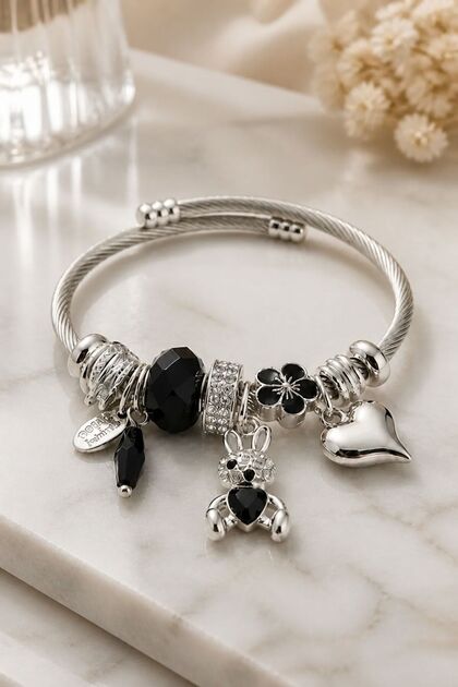 Black Lucky Rabbit Charm Bracelet - Adjustable Stainless Steel Bracelet