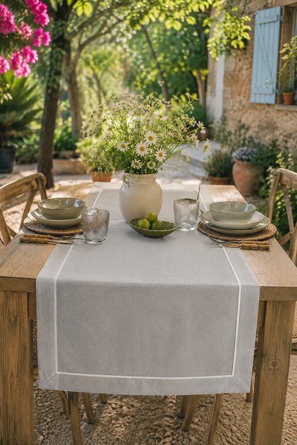 Buldan Linen Piping Runner, Console, Coffee Table Cover - Stone