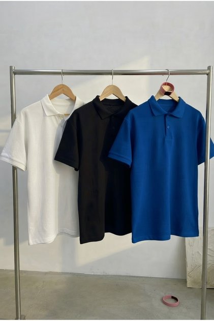 3 Pack Cobalt Blue Black White Sports Polo Neck Buttoned Cotton Casual Short Sleeve Regular Fit T-Shirt