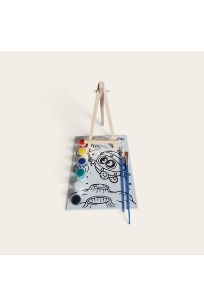 Set de pictură cu șevalet, pânză pre-desenată și accesorii, 6 recipiente cu vopsea acrilică, 2 pensule cu vârf ascuțit și plat.