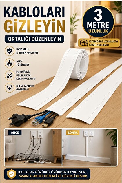 Kablo Kanalı 3 Metre - Yapışkanlı Kablo Gizleme Ve Kablo Düzenleyici Organizer