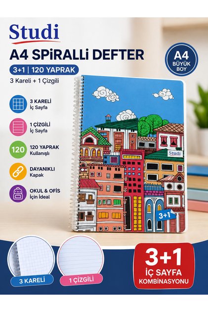 120 Sheets A4 3+1 Spiral Notebook – 3 Squares and 1 Line Patterned School Notebook