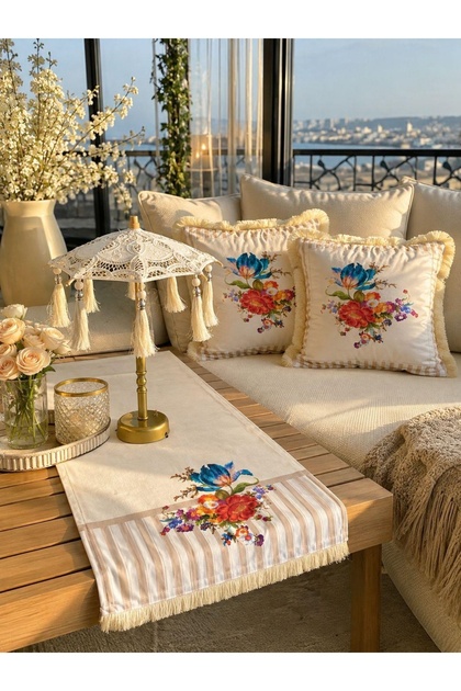 Naturel Şarjlı Ledli Dekaratif Bali Şemsiyesi Vintage Çiçek Desenli Seti (Şajlı Şemsiye+