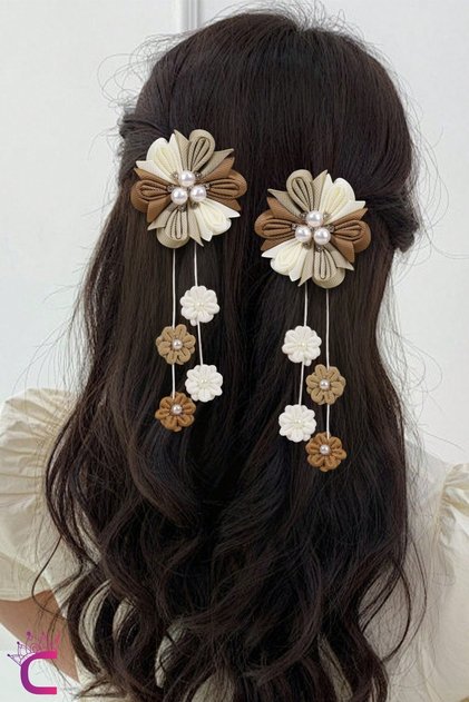 2-Piece Coffee Cream Tone Dangle Pearl Flower Girls' Hair Clip Set - Birthday Clip Hairpin