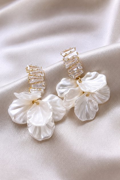 White Flower Figured Baguette Stone Dangle Earrings for Women