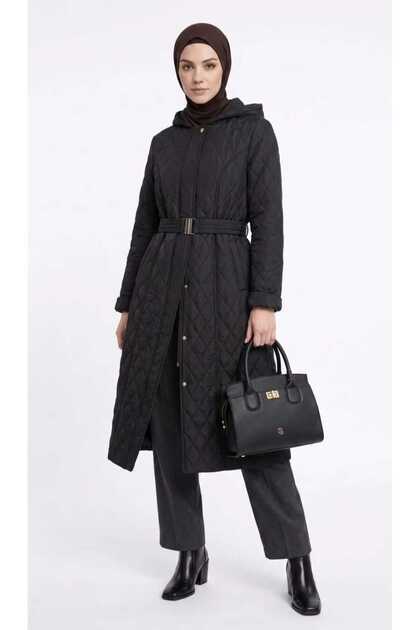 Hooded Quilted Coat Full Fit Plush Inside with Belt Fall-Winter