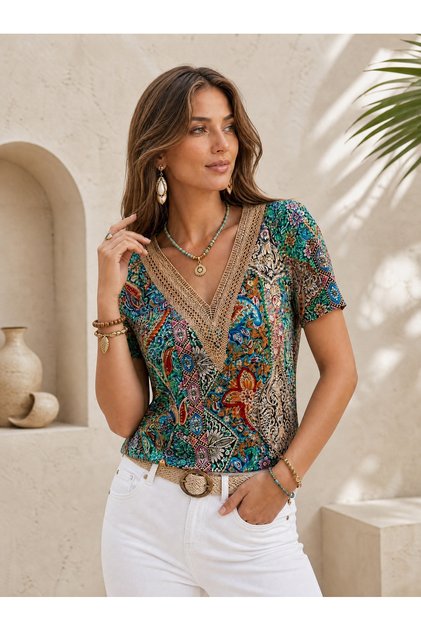 Women's Ethnic Pattern V Lace Collar Short Sleeve Summer Blouse