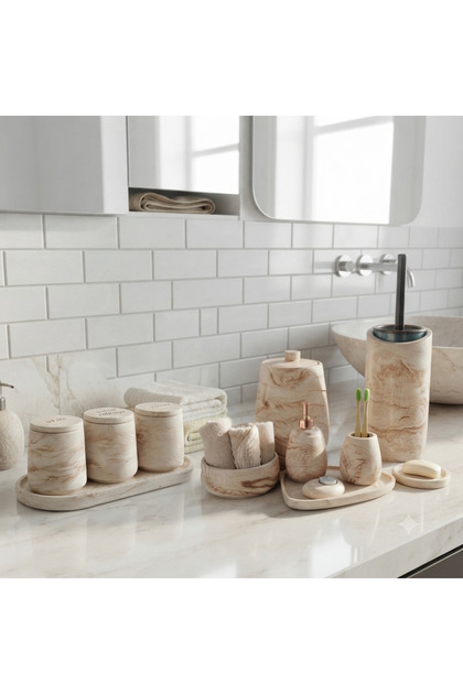 Bej Mermer Desen Premium Beton Banyo Seti,Çöp Kovası,Katı,Sıvı Sabunluk,Tepsi,Dekorasyon,Aksesuar Seti
