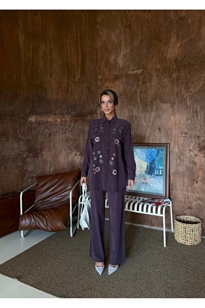 Women's Shirt with Bead Embroidery on Front, Standard Pants Size Suit