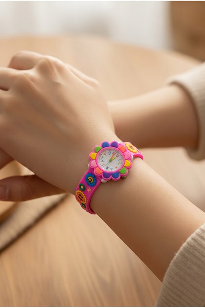 Children's Pink Flower and Smiling Face Figured Silicone Strap Wristwatch (Without Box)