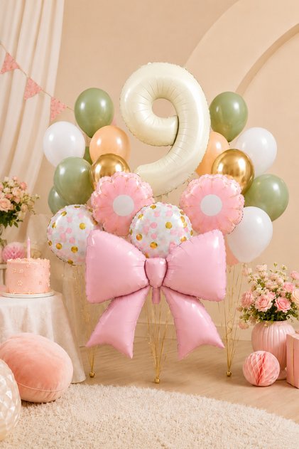 9 Years Old Retro Cream Pink Bow Concept Birthday Balloon Chain Set Set34