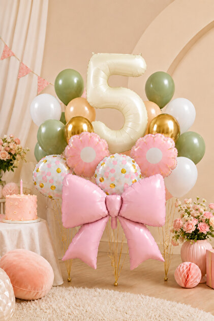5 Years Old Retro Cream Pink Bow Concept Birthday Balloon Chain Set Set34