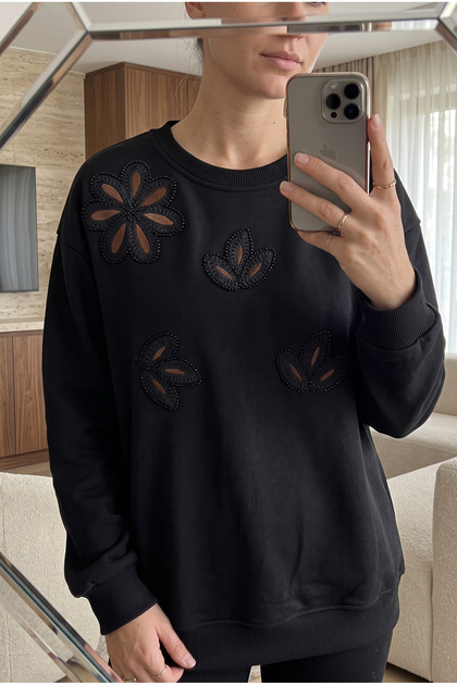 Black Embroidered Beaded 100% Cotton Sweatshirt