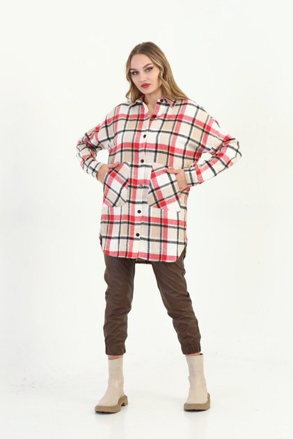Red Beige Black Plaid Oversized Lumberjack Shirt / Jacket with Pockets