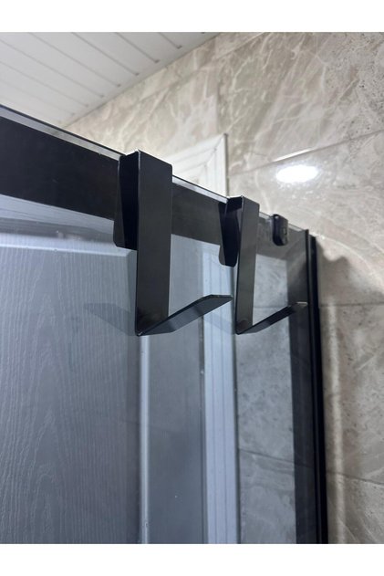 Duşakabin Üstü Metal Cam Askılığı - Delme Gerektirmeyen Bornoz Havlu Ve Lif Askısı (2'li Set / Siyah)