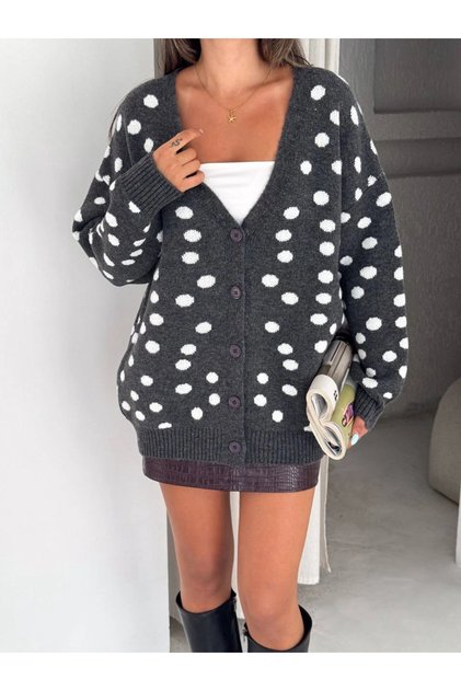 Women's Gray Polka Dot Oversized Buttoned Cotton Knitwear Cardigan