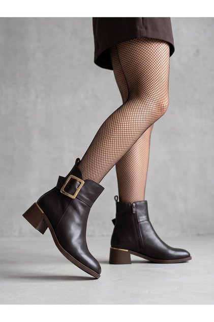 Cizme de damă din piele naturală cu toc - cu fermoar și detaliu elegant cu cataramă, pentru purtare zilnică