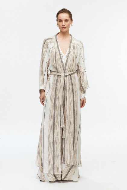 Pamuklu Kuşaklı Uzun Kimono - SILVER BLACK