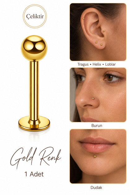 316L Çelik Top Uçlu Düz Arkalı Labret Piercing Tragus Helix Dudak Burun 6–8–10–12 mm 1 Adet