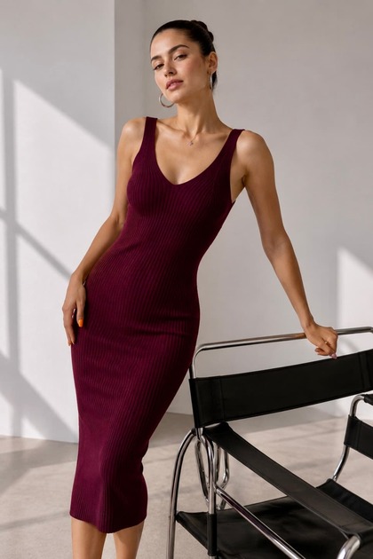 Women's V-Neck Ribbed Long Knit Dress Lnc34
