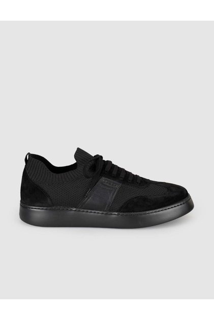 Black Genuine Leather Knitwear Detailed Lace-Up Men's Sneaker