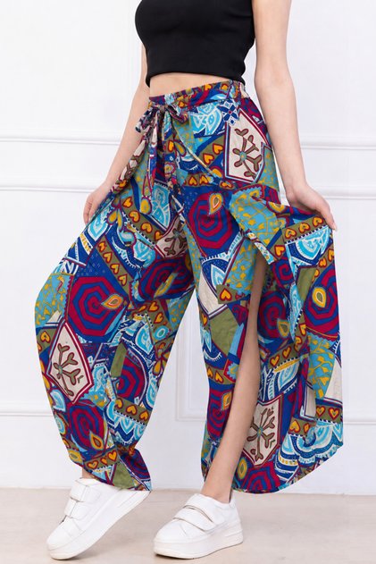 Women's Colorful Motif Waist-Tied Envelope-Covered Woven Trousers