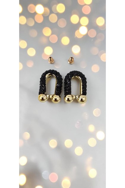 Black Crystal Pavé Stone Gold Color U-Shaped Steel Evening Dress Earrings - Tarnish Resistant