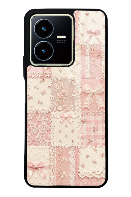 Vivo Y22S Glossy Phone Case with Pink Lace Patchwork Design