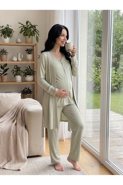 Green Front Buttoned Maternity & Pregnancy Pajama Set with Robe