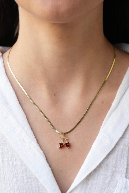 İtalyan Zincirli Kırmızı Taşlı Kiraz Kolye Gold Renkli