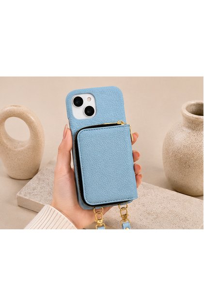 iPhone 15 (6.1 Inch) Compatible Premium Lux Leather Case with Open Sides, Slim Design, Wallet, Zipper, Card Holder, Crossbody Neck Strap, and Drawstring Strap