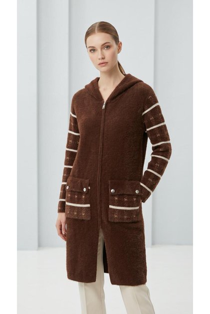 Fashionable Brown Long Tunic, Brown Striped, Zippered, Hooded Cardigan