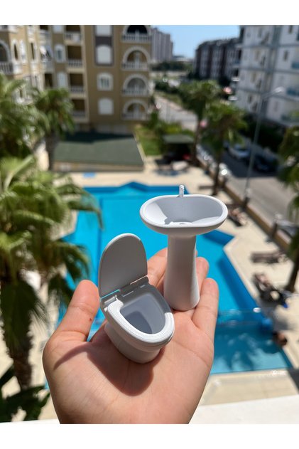 1/12 ölçekli oyuncak minyatür klozet ve lavabo seti beyaz diorama seti