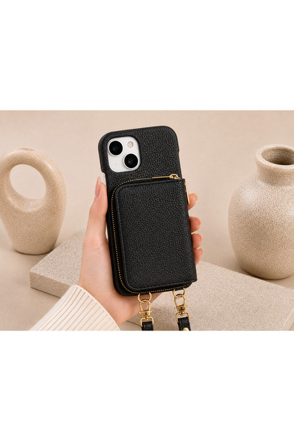 iPhone 15 (6.1 Inch) Compatible Premium Lux Leather Case with Open Sides, Slim Design, Wallet, Zipper, Card Holder, Crossbody Neck Strap, and Drawstring Strap