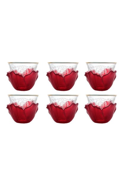 Red Acrylic Lotus Coffee Cup Set 6-Piece – Clear Patterned Glass Inner Cups, Premium Tableware for Home & Special Occasions