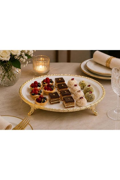 Deluxe Oval Melamine Plate with Ornate Gold Metal Frame & Legs, White/Gold - Elegant Elevated Serving Platter for Desserts, Appetizers, Weddings & Special Occasions