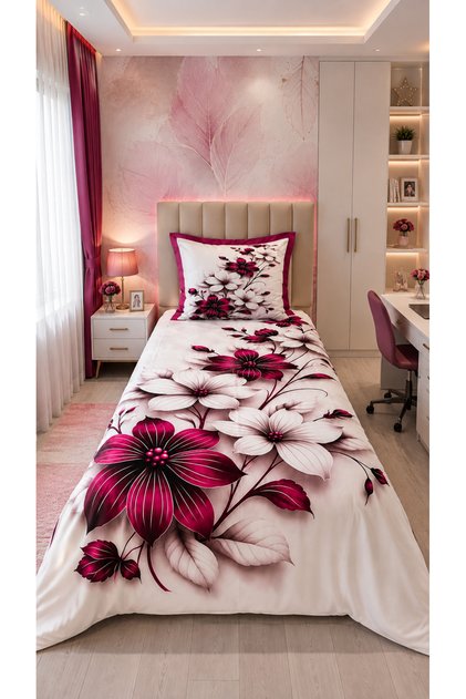 Fuchsia Dream 5D Printed Cotton Single Duvet Cover Set 4 Pieces