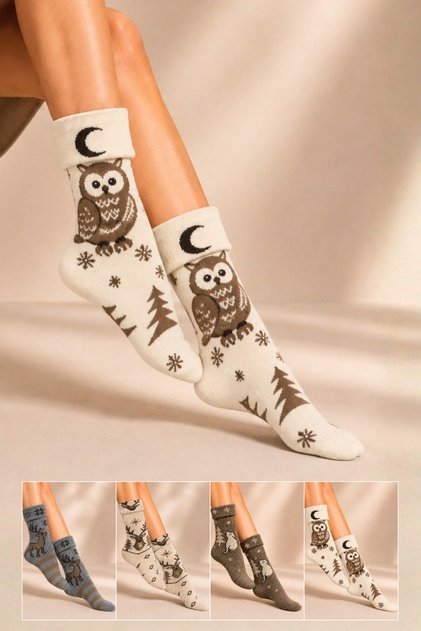 Women's Patterned Curly Terry Lambswool Socks 4-Piece Socks