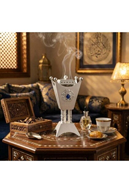 مبخرة بخور فضية غير لامعة بلمسة زرقاء بتصميم كاروان - 22 سم للبخور العربي، ديكور منزلي وحامل عطور
